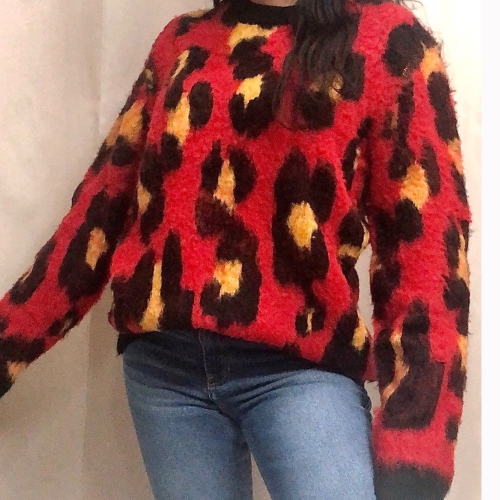 NWOT Urban Outfitters Wool Brushed Red, Multi Leopard Fuzzy Sweater, New - Picture 1 of 11